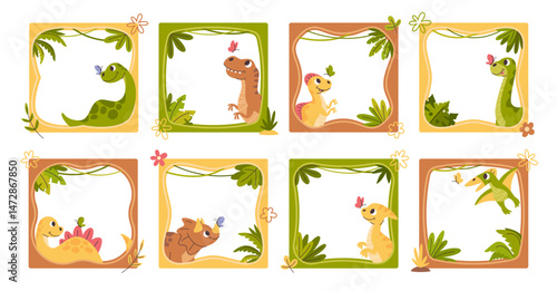 Cute cartoon dinosaurs baby animals framed banners templates with empty space isolated set