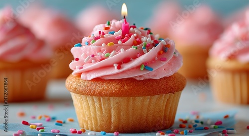 Delicious Pink Frosted Cupcake With a Birthday Candle and Festive Sprinkles o...