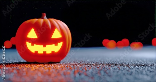 Carved Pumpkin With Glowing Face on Dark Surface During Halloween Night Celeb...