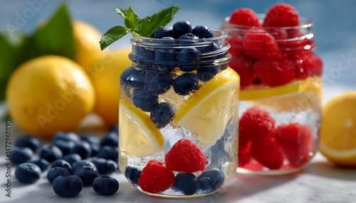 Refreshing Summer Drink With Berries and Lemons in a Sunny Outdoor Setting