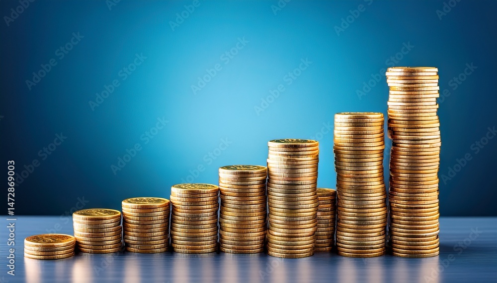 growing stacks of gold coins on blue background growing stacks of gold coins on blue background