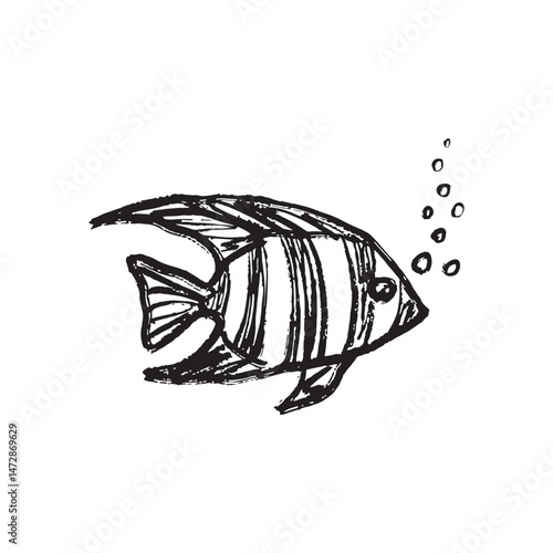 Butterfly fish with bold stripes, flowing fins, and bubbles in black brush stroke texture isolated on white. Hand drawn vector sketch illustration in vintage charcoal ink. Marine underwater, diving.