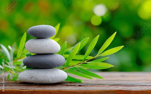 Stacked Smooth Stones on a Wooden Surface Surrounded by Green Foliage at a Pe...