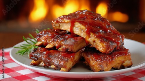 Delicious Barbecue Ribs Served With Rich Sauce and Garnished With Rosemary Ne...