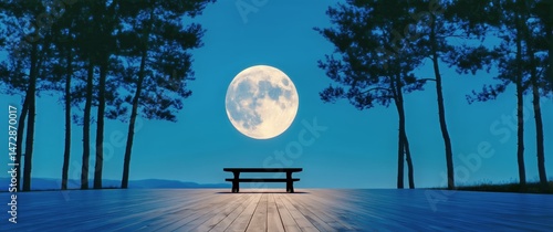Nighttime Serenity With a Full Moon Illuminating a Tranquil Landscape