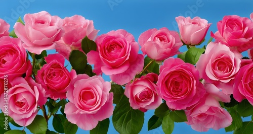Beautiful Pink Roses Blooming Against a Clear Blue Background in Springtime G...