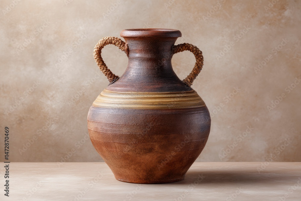 Rustic Brown Ceramic Amphora with Straw Handles: Earthy Elegance Rustic Brown Ceramic Amphora with Straw Handles: Earthy Elegance