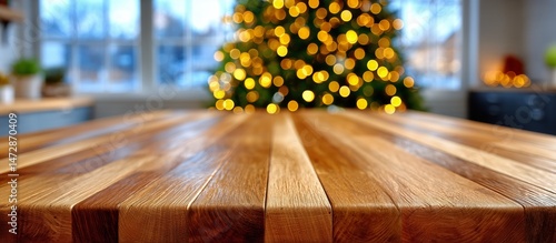 Warm Wooden Countertop Ready for Holiday Preparations in a Cozy Home Decorate...