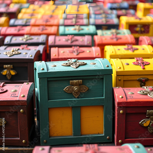 Colorful Wooden Treasure Chests with Decorative Design in Rows
