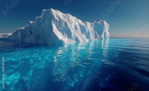 Majestic Iceberg Floating in Tranquil Waters Reflecting a Clear Blue Sky Duri...