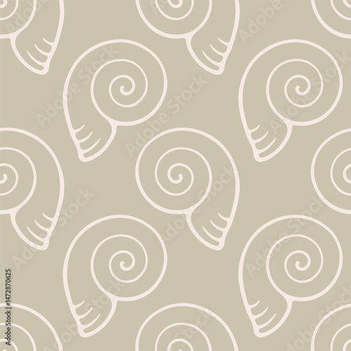 Seashells vector seamless pattern. Hand drawn line nautilus on sand beige background.
