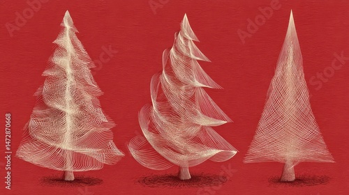 Three abstract christmas trees on a crimson background.