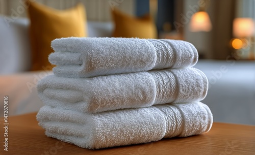 Soft White Towels Stacked Neatly on a Wooden Table in a Well-Lit Hotel Room W...