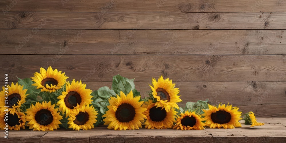 Obraz premium Vibrant sunflowers arranged on rustic wooden board, flowers, garden