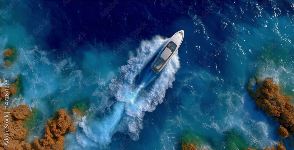 Obraz premium Boat Navigating Through Vibrant Blue Waters and Rocky Shoreline on a Sunny Day