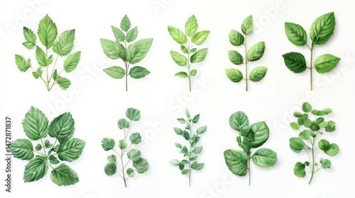 Collection of fresh herb leaves like mint basil and oregano isolated on clean white background flat lay botanical style