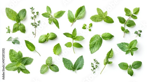 Collection of fresh herb leaves like mint basil and oregano isolated on clean white background flat lay botanical style