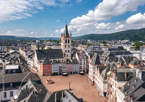 Summer skyline cityscape of Trier, Rhineland-Palatinate, Moselle, Germany. Wide panoramic aerial view of Hauptmarkt (central market square) and city landmarks