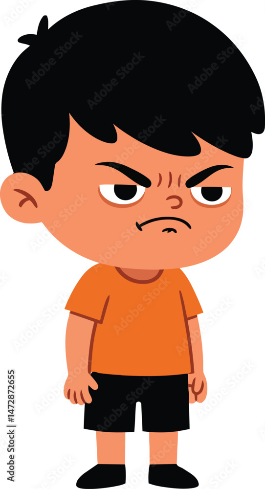 Angry boy cartoon character in orange shirt and black shorts with black hair vector illustration Angry boy cartoon character in orange shirt and black shorts with black hair vector illustration