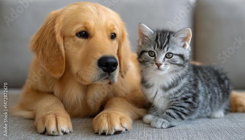 Adorable Kitten and Golden Retriever Puppy Cuddling Together on a Soft Surfac...