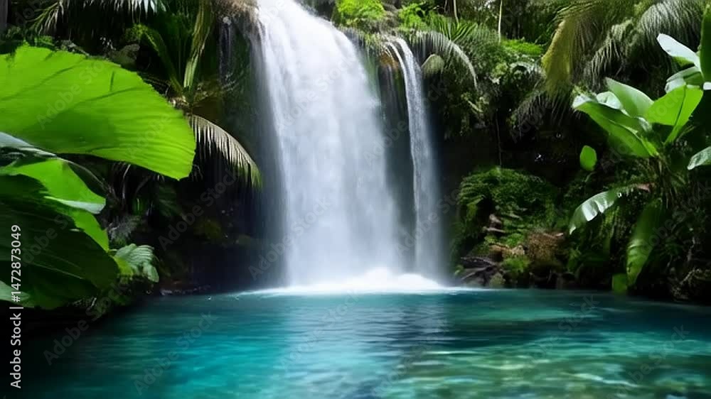 Flowing Waterfall in Tropical Forest with Clear Blue Water Flowing Waterfall in Tropical Forest with Clear Blue Water
