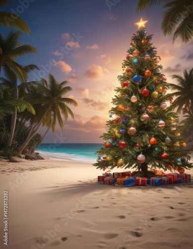 Wallpaper Mural Lush tropical beach; solitary Christmas tree, twinkling lights, colorful ornaments ,  beach,  contrast,  ornaments Torontodigital.ca