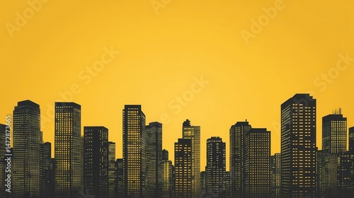 Urban Dusk: Striking Silhouette of a City Skyline Against a Vibrant Yellow Sky, Modern Metropolis and Urban Landscape.