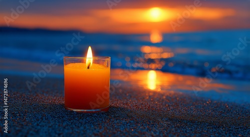 Candle Glowing on the Beach at Sunset Creates a Serene Atmosphere Over the Oc...