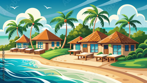 Elegant beach villas with thatched roofs line the white sandy shore, waves gently lapping nearby.