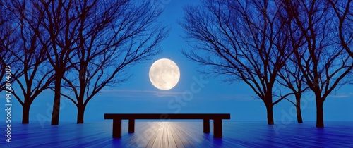Moonlit Landscape With Bare Trees and Wooden Floor at Night