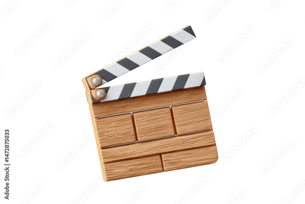 Fototapeta premium PNG Wooden movie clapperboard with black and white stripes isolated on black background