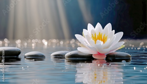 Beautiful White Lotus Flower Surrounded by Smooth Stones in Calm Water With S...