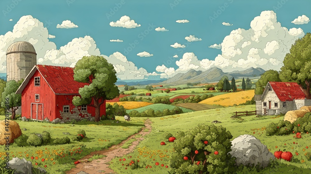 Obraz premium Rural Countryside Landscape With Red Barn and Rolling Hills Under a Bright Sky