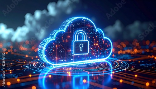 Abstract illustration of cloud security services, stylized cloud icon integrated with a secure padlock symbol, representing data protection and cybersecurity in cloud computing environments