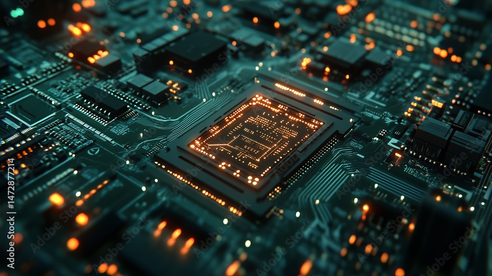 Obraz premium Closeup detailed view of modern computer circuit board technology chip data dark green macro future