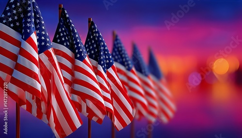 Celebration of Patriotism With American Flags Against a Colorful Sunset Backg...