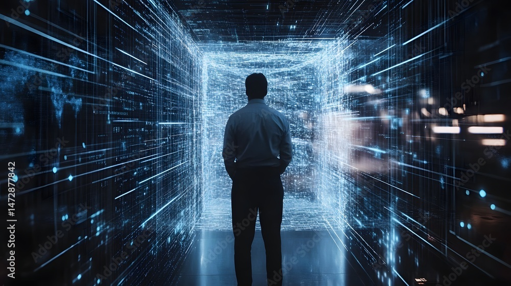 Navigating the Digital Frontier: A lone figure stands at the threshold of an abstract, neon-lit digital tunnel, symbolizing the exploration of data, innovation, and the future. Navigating the Digital Frontier: A lone figure stands at the threshold of an abstract, neon-lit digital tunnel, symbolizing the exploration of data, innovation, and the future.