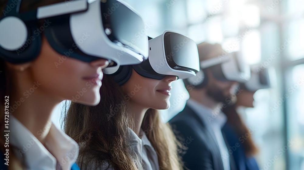 VR Exploration: A group of diverse individuals, including both men and women, stand in a line, heads turned to the side and all wearing VR headsets, exploring the vast realms of virtual reality. VR Exploration: A group of diverse individuals, including both men and women, stand in a line, heads turned to the side and all wearing VR headsets, exploring the vast realms of virtual reality.