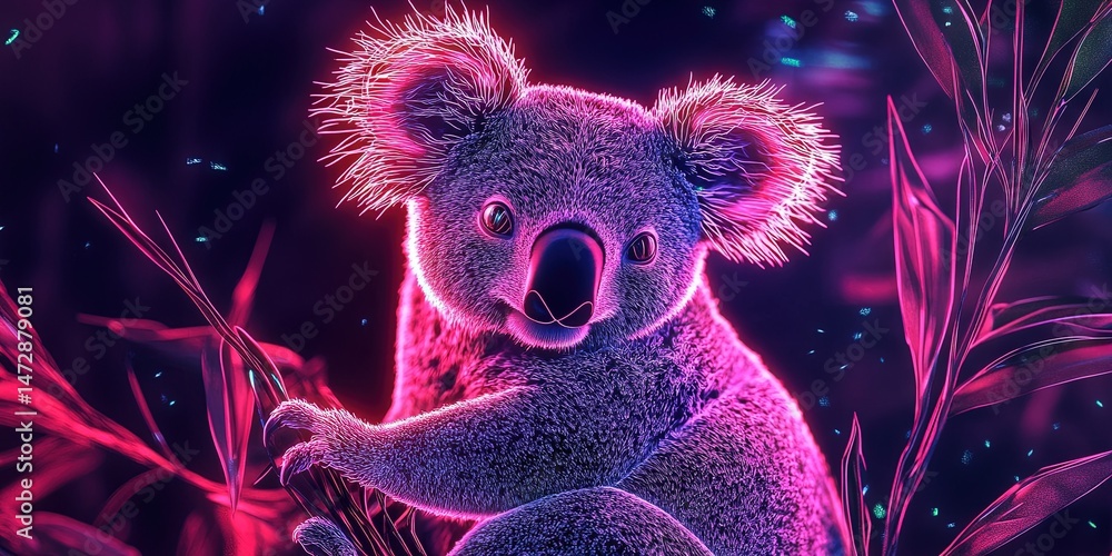 Neon 3D image of koala animal in neon style. Neon 3D image of koala animal in neon style.
