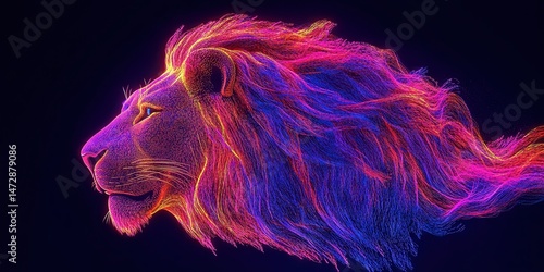 Neon 3D image of lion animal in neon style. 