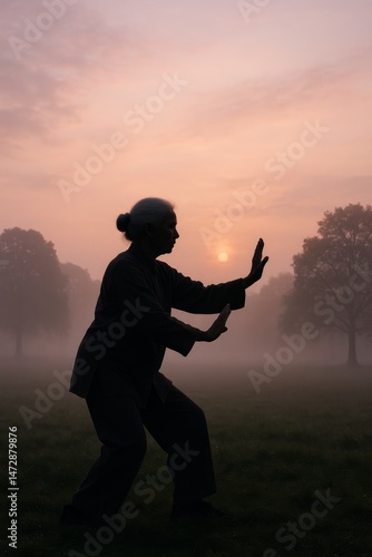Elderly woman practices tai chi at sunrise in a misty park, silhouetted against a peaceful and serene dawn landscape.








