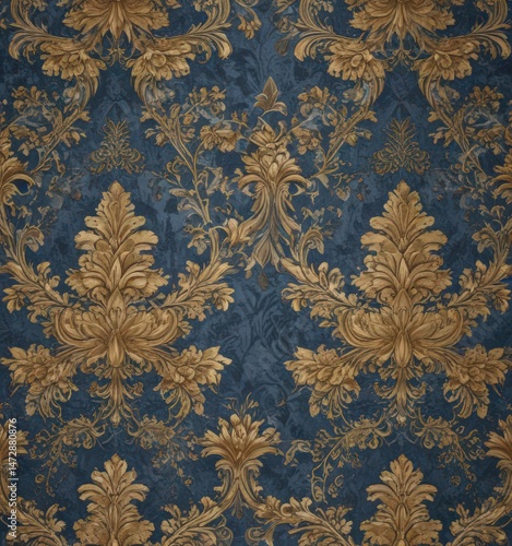 Intricate blue & gold damask floral wallpaper  , luxury,  damask, pattern