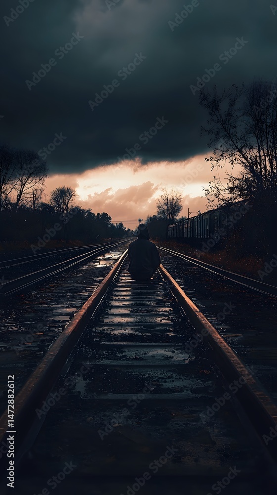Obraz premium Solitary Figure on the Rails: A lone figure hunched low, poised on railway tracks, under a dark, stormy sky. The composition invokes a sense of introspection and journey amidst the somber atmosphere.