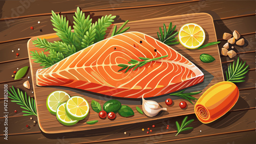 Fresh salmon fillet with spice on wooden background Very beautiful