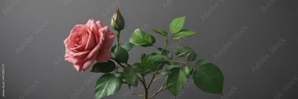 Obraz premium Isolated rose with green leaves, perfect frame , green, nature