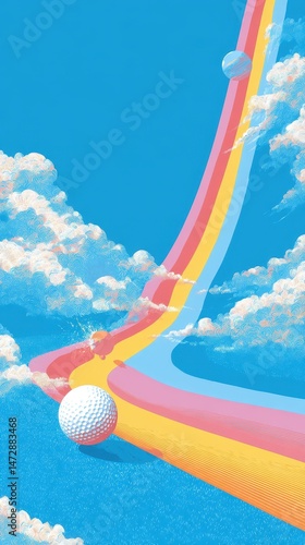 Colorful, abstract landscape with a golf ball.