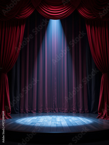 Theater stage with maroon red curtain with spotlight