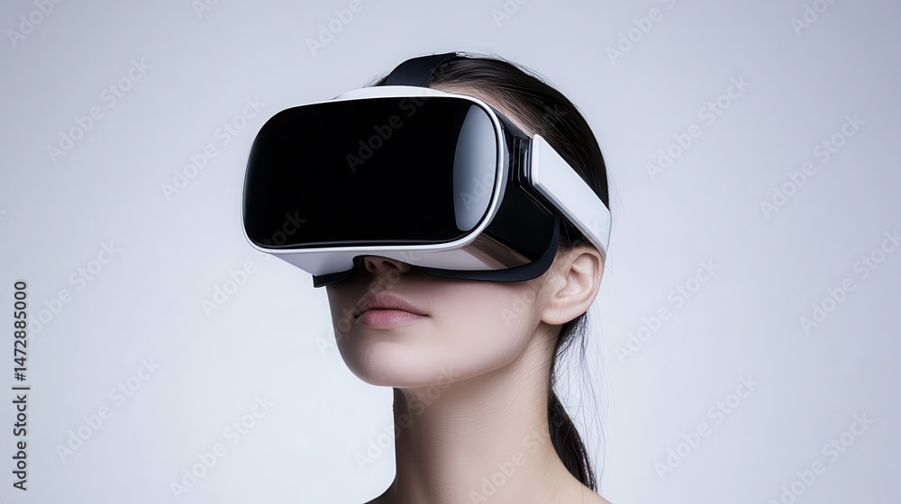 Fototapeta premium A woman wearing a virtual reality headset explores immersive digital experiences against a plain background.