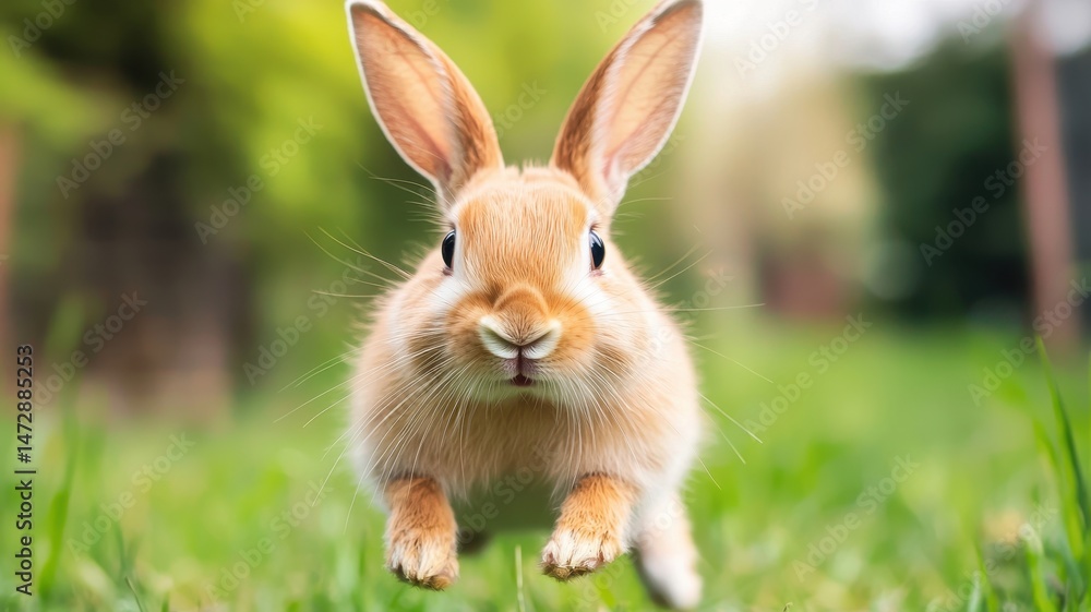 Fototapeta premium International rabbit day with playful pet idea. Rabbit jumping in lush green grass outdoors.