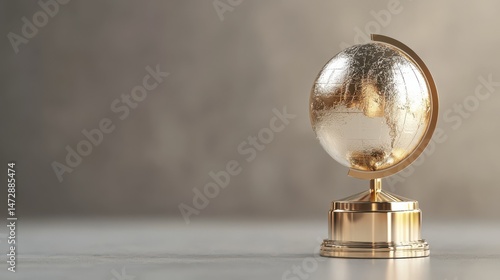 A shiny golden globe trophy stands on a smooth surface, symbolizing achievement and global recognition.
